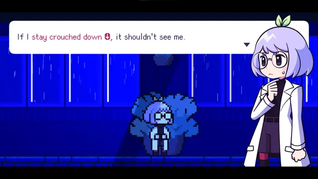 The researcher crouches behind a plant in a blue pixel-art corridor, thinking that if she stays down it should not see her