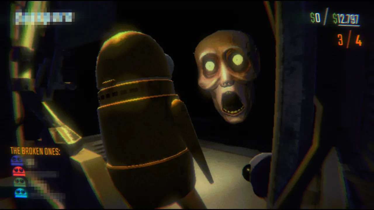 A robot player faces a pale screaming humanoid monster with glowing eyes in a dark corridor, with a cash target and extraction count on the HUD