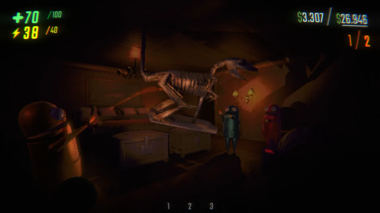 Robot players in a dim room with a large skeletal horse-like creature, carrying objects, with health, energy and money shown on the HUD