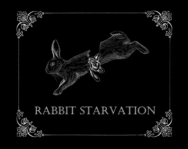 Rabbit Starvation cover: a white line drawing of a leaping rabbit tied at the middle with a ribbon, in an ornate frame on black, above the title