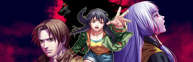 Raging Loop key art: three characters before a crimson sky, with a dark wolf's shape behind them