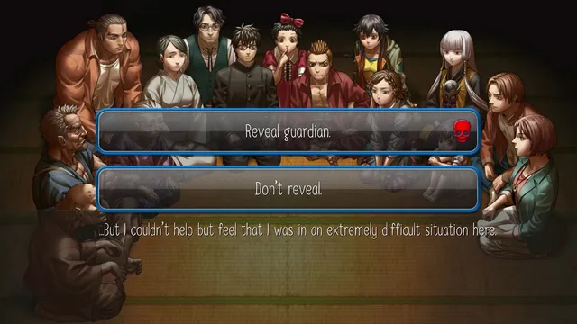 Raging Loop screenshot: the villagers gathered while Haruaki chooses whether to reveal the guardian