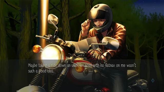 Raging Loop screenshot: Haruaki on his motorbike on a dark forest road