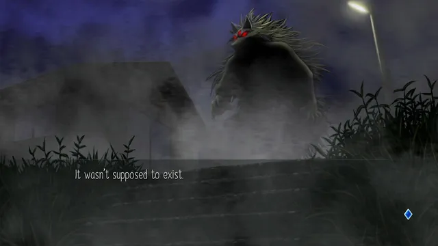 Raging Loop screenshot: a hulking furred shape with red eyes in the mist beside a house at night