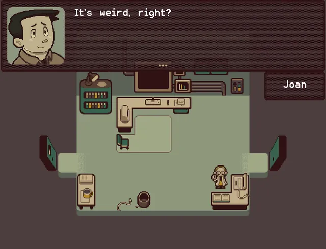 re:curse screenshot: Linda in her lab coat in a top-down pixel-art laboratory as a colleague, Joan, says It's weird, right?