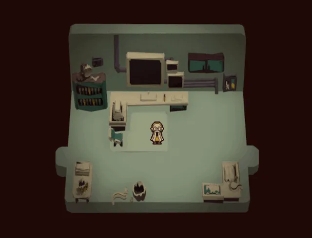 re:curse animation: Linda alone in her lab, shown as a small dim room floating in the dark