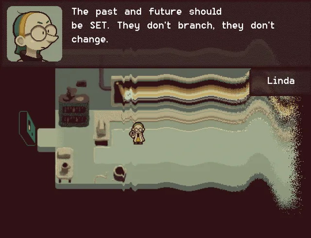 re:curse animation: Linda's lab smears and stretches sideways as she says the past and future should be set