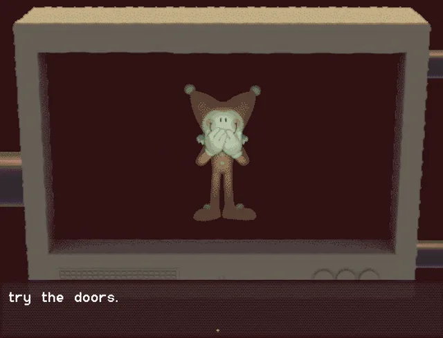 re:curse animation: a clown in a jester hat covering its mouth on an old CRT monitor, above the words try the doors.