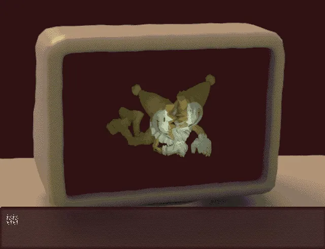re:curse animation: a jester-like figure breaking up in glitches on a CRT monitor