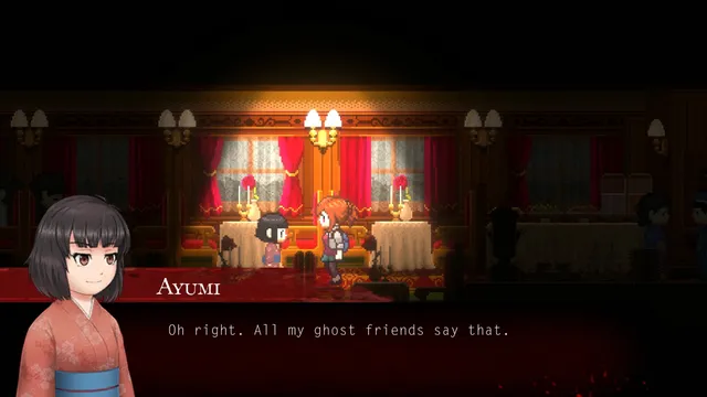 In the train's lit past, Saki meets a girl in a kimono in a dining car with red curtains and candles
