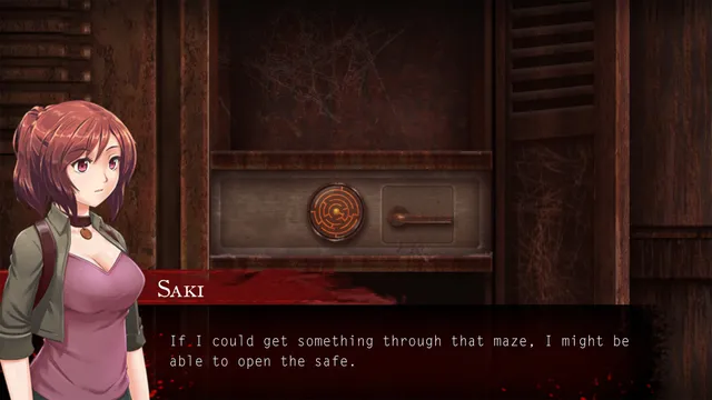 A rusted locker holds a safe with a round maze lock that Saki must solve