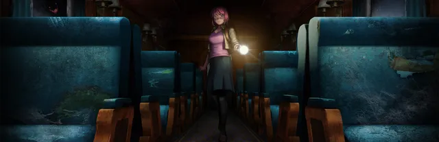 Re:Turn - One Way Trip art: Saki, a red-haired young woman, holds a flashlight in the aisle of a dark, rotting train car lined with blue seats