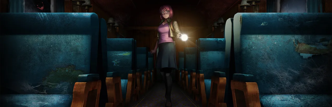 Re:Turn - One Way Trip art: Saki, a red-haired young woman, holds a flashlight in the aisle of a dark, rotting train car lined with blue seats