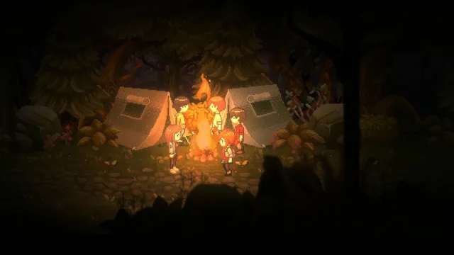 Five pixel-art friends stand around a campfire between two tents in a dark forest