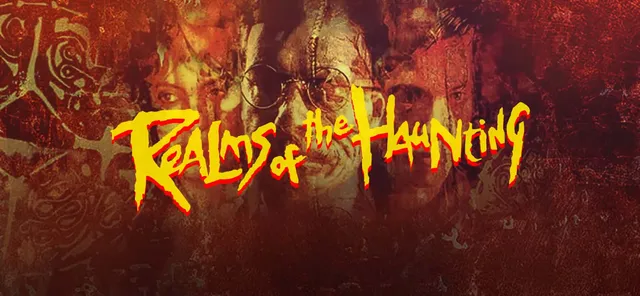 Realms of the Haunting cover art: the dripping yellow title over faded, blood-red faces of the cast, one in round glasses
