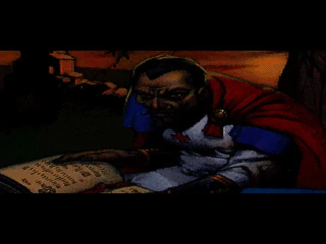 A video scene from Realms of the Haunting: a dark-eyed man in a red cloak bent over an old book