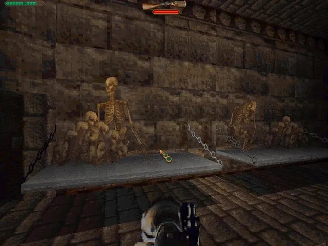 Firing a pistol at an armoured creature down a stone corridor hung with a shield and swords