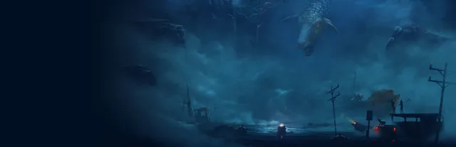 REANIMAL key art: two children row a small lit boat across dark floodwater past wrecked ships and telephone poles, under a giant sheep-headed creature looming out of the stormy sky