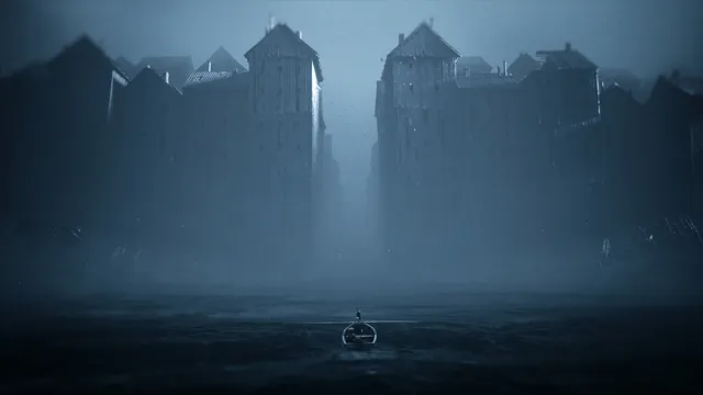 A small rowing boat on still grey water before tall, crooked wooden buildings in the fog