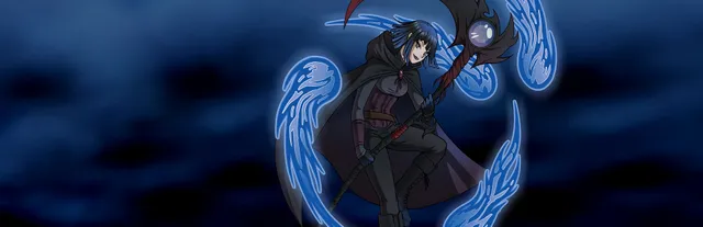Reaplaced art: Grea, a reaper in a dark hooded cloak, swinging a scythe among glowing blue soul flames