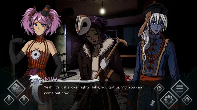 Reaplaced screenshot: three party guests in costume in a dark room with blood on the floor