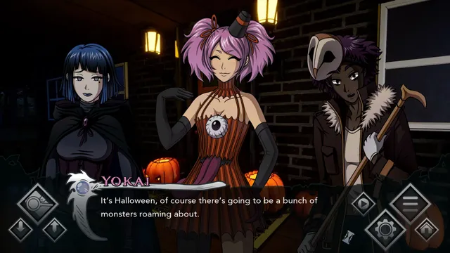 Reaplaced screenshot: Grea and two costumed guests at a front door lit with jack-o'-lanterns