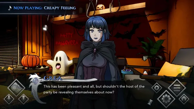 Reaplaced screenshot: Grea in a living room decorated with a pumpkin, a ghost and a Happy Halloween banner