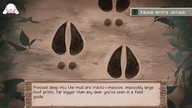 Record of Greypine screenshot: huge hoof prints pressed into mud as a fauna entry unlocks