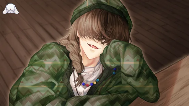 Record of Greypine CG: a coworker in a green patterned cardigan, eyes hidden under a fringe, smiles with a fang showing