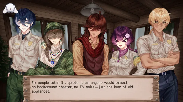 Record of Greypine screenshot: five park staff in uniforms and sweaters stand in a log cabin office as you meet the team