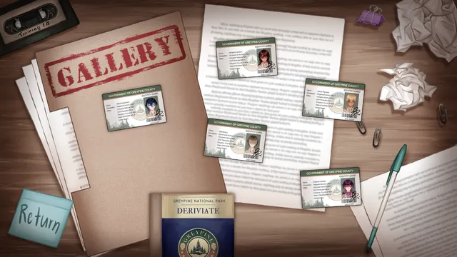 Record of Greypine gallery screen: Greypine County ID cards, a Derivative field guide and a training VHS on a desk