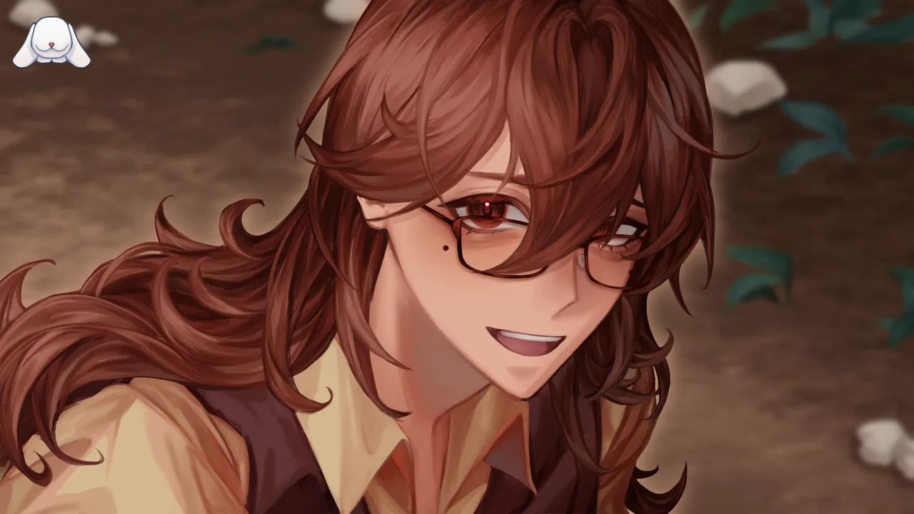 Record of Greypine CG: a long-haired coworker in glasses with red eyes grins outdoors