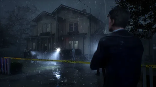 Rehaunted screenshot: the detective stands in the rain outside a wooden house behind police tape at night