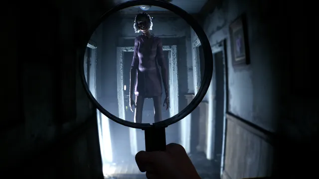 Rehaunted screenshot: a magnifying glass held up in a dark hallway reveals a tall, gaunt woman standing at the end