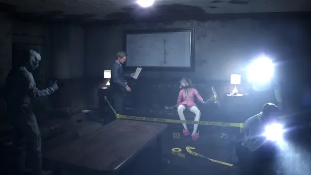 Rehaunted screenshot: police and forensic officers in a lit living room marked with crime scene tape and evidence markers