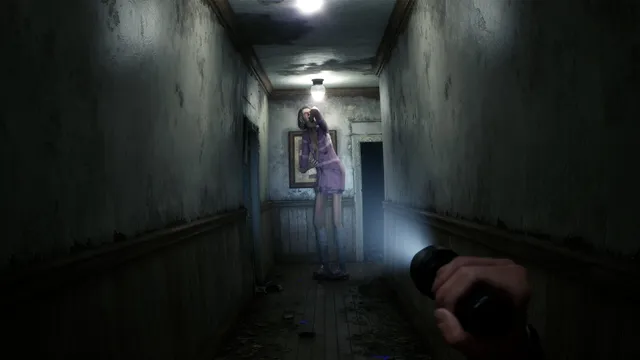 Rehaunted screenshot: a flashlight beam down a narrow, grimy corridor where a woman in a pink dress stands under a ceiling light