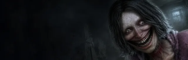 Rehaunted key art: a pale woman with dark hair and a wide, unnatural grin leaning out of the dark
