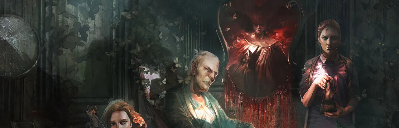 Remothered: Tormented Fathers key art: Rosemary holding a light, the old Dr. Felton and a red-robed figure in a dark, overgrown room
