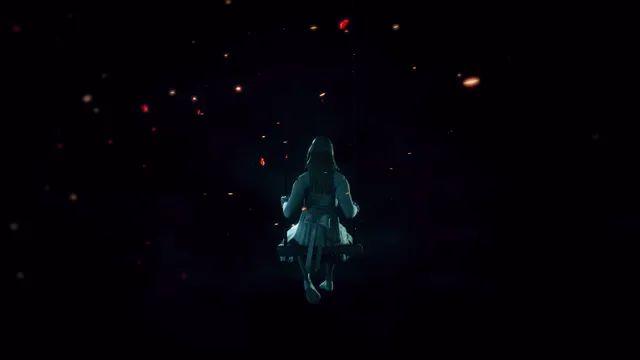 Remothered: Tormented Fathers screenshot: a pale girl on a swing floating in darkness among red sparks