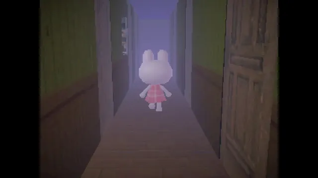 Rental screenshot: Umi walks down a long, dim wooden hallway lined with doors