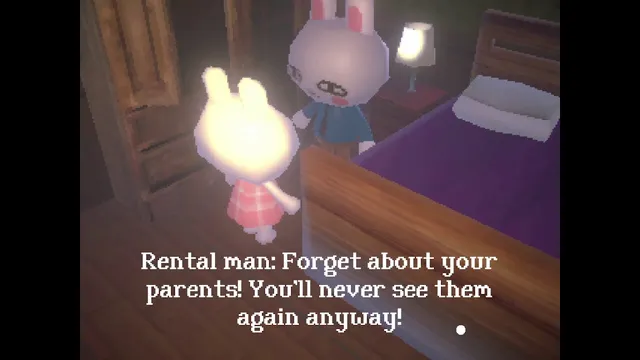 Rental screenshot: in a lamp-lit bedroom, the rental man tells Umi to forget about her parents because she will never see them again