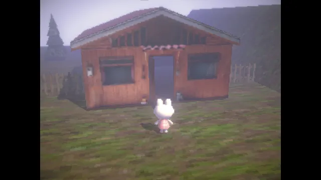 Rental screenshot: Umi, a white bunny in a pink dress, stands before a weathered wooden cabin under a grey sky