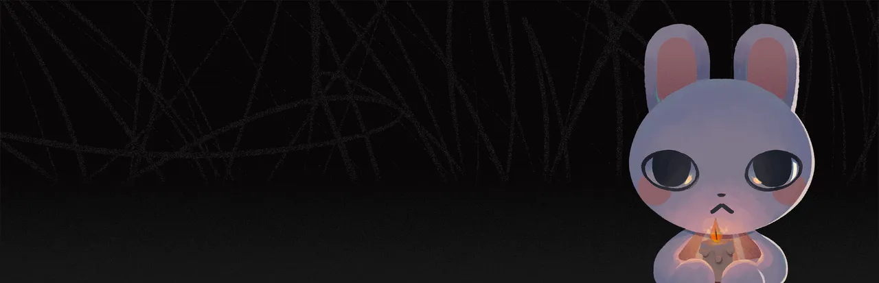 Rental key art: a small grey bunny with big dark eyes holds a lit candle against a black background of scratched lines