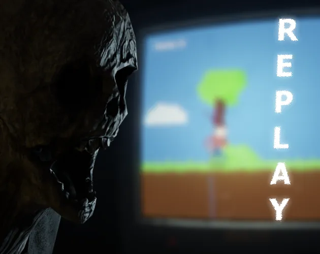 REPLAY cover: a rotting, skull-like face in the dark beside a blurred TV showing a bright platformer, with the title down the side