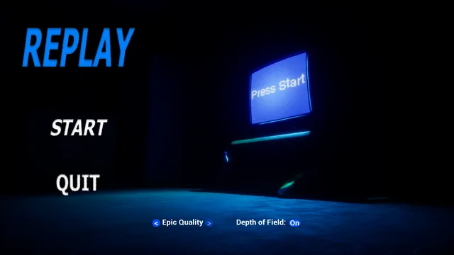 The title screen: the REPLAY logo with Start and Quit beside a tilted blue screen reading Press Start