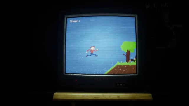 An old CRT on a wooden bench in a dark room showing a little character running across a blue sky and green hill