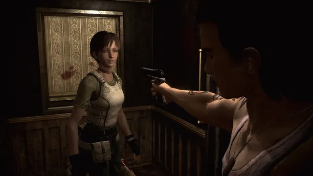 Resident Evil 0 screenshot: Billy points a pistol at Rebecca at their first meeting on the train