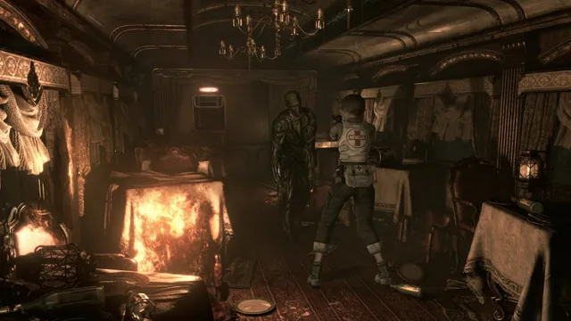 Resident Evil 0 screenshot: Rebecca aims at a zombie in the train's burning dining car
