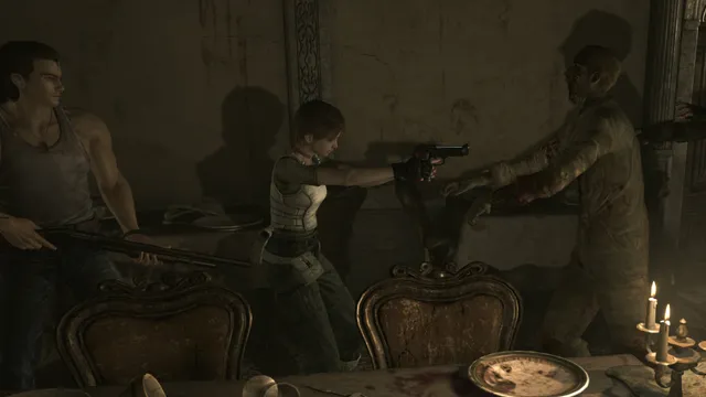 Resident Evil 0 screenshot: Rebecca and Billy fight a zombie in a candlelit dining room