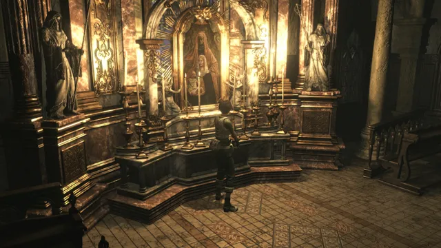 Resident Evil 0 screenshot: Rebecca stands before a golden altar with statues in an ornate chapel